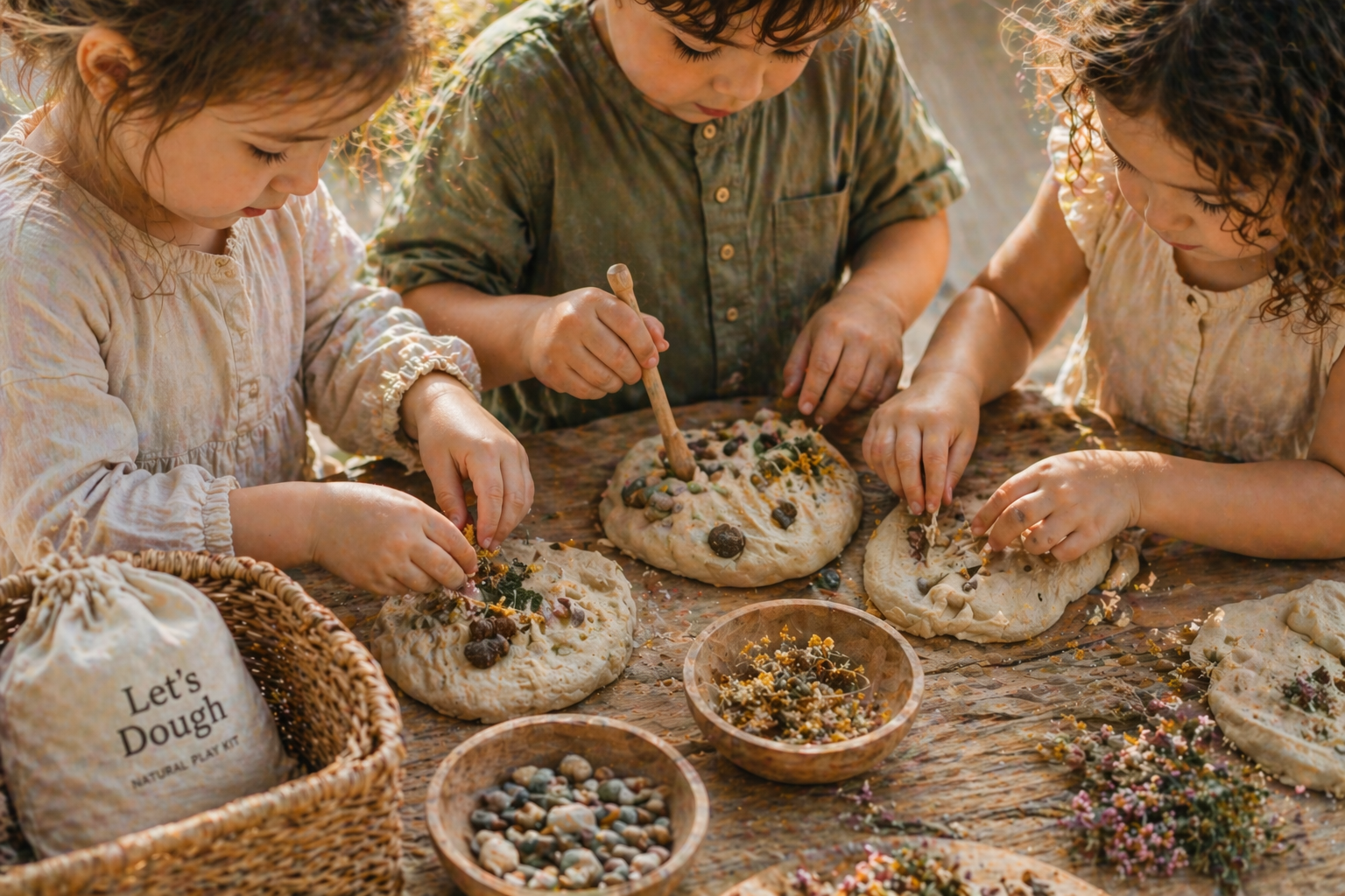 A child's hands working with natural dough and rocks