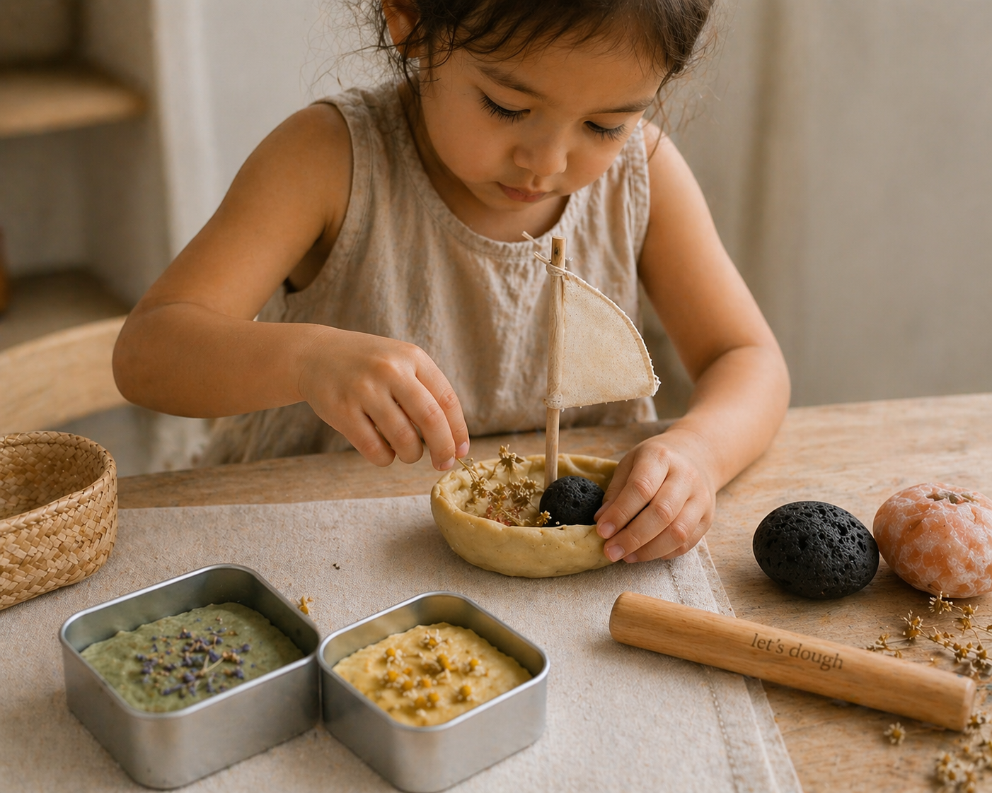 Child playing with let's dough kit — natural dough, bamboo tool and rocks
