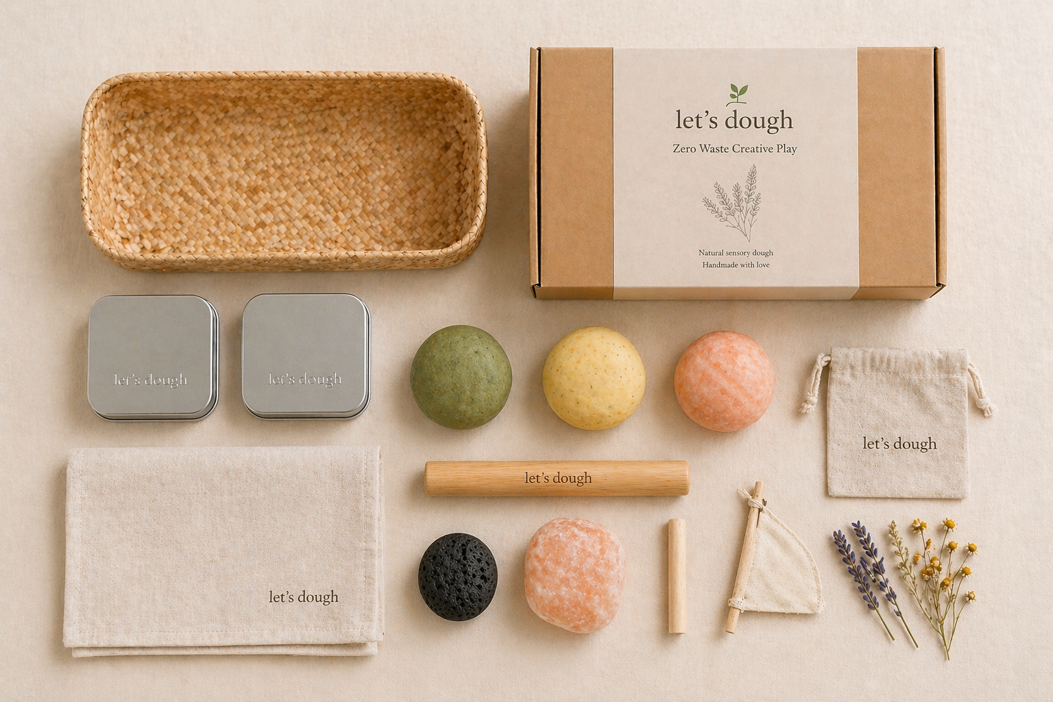 let's dough kit flatlay — every piece, laid flat