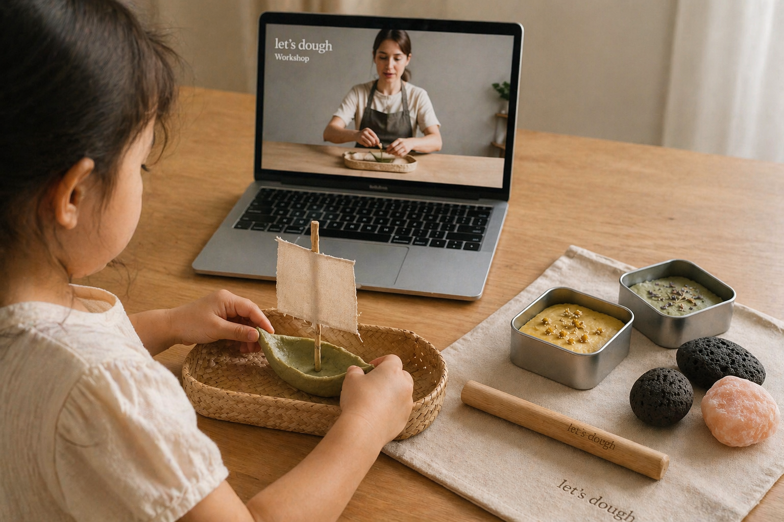 Child following a let's dough workshop on a laptop